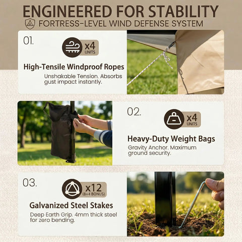 Features of 11x11 Pop Up Gazebo With Mosquito Netting One Person Setup Water Resistant Backyard Canopy including ropes, weight bags, and stakes.