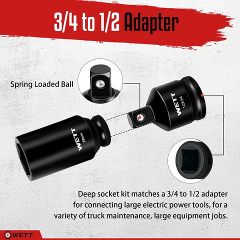Half Inch Drive Deep Impact Socket Set Eleven Piece Jumbo Metric Six Point Sockets For Axle Nut And Wheel Twenty Seven Millimeters To Thirty Eight Millimeters With Three Quarter To One Half Adapter CR-V Black Oxide Finish Built Tough Pro Grade