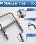 M8 Square U Bolts Four Pack With Nuts Frame Plates And Washers Stainless Steel shown on white surface