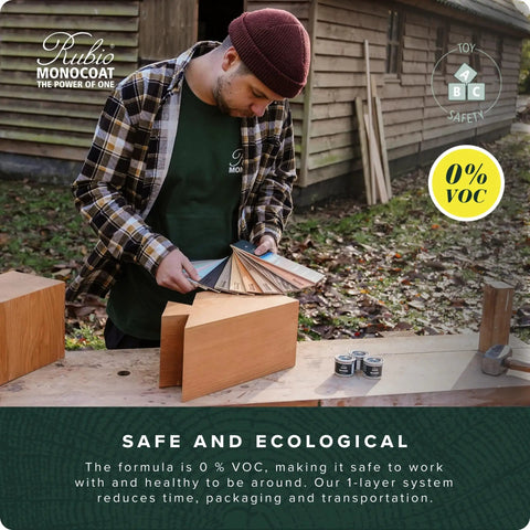 Person inspecting wood samples with DuroGrit Outdoor Wood Oil Stain And Sealer In Foxy Brown One Layer UV Protection for use. Safe and ecological.