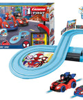 It's Spidey Time Slot Car Race Track Set with Spidey and Spin cars on blue track for kids 3+ battery powered and remote controlled