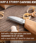 Beginner Friendly Whittling Kit With Wood Carving Tools And Wood Blocks, showing a carving knife with wood shavings on a table.
