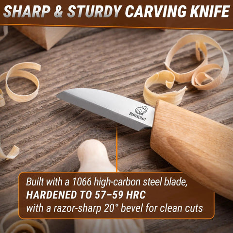 Beginner Friendly Whittling Kit With Wood Carving Tools And Wood Blocks, showing a carving knife with wood shavings on a table.