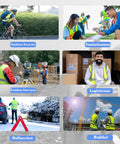 Custom Logo High Visibility Safety Vest Hella Bright Reflective Hi Vis Construction Workwear For Men And Women Crew Gear With Your Company Printed Back Panel worn by various professionals engaged in outdoor activities.
