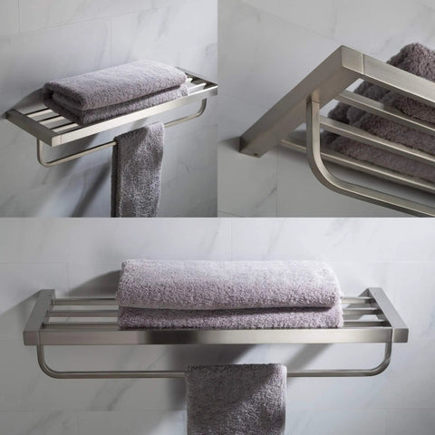 Solid Brass Bathroom Shelf With Towel Bar In Brushed Nickel Finish For Towels Washcloths And Toiletries Heavy Duty Rust Resistant