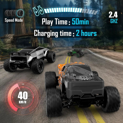 2 In 1 RC Cyber Monster Truck And Drift Car For Adults 1 18 Scale 4WD All Terrain Beast racing down a forest road at 40 km/h
