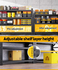 Built Tough Four Tier Metal Storage Shelves Featuring Massive 5000 LB Load Limit And Adjustable Design for garage organization pre and post adjustment.