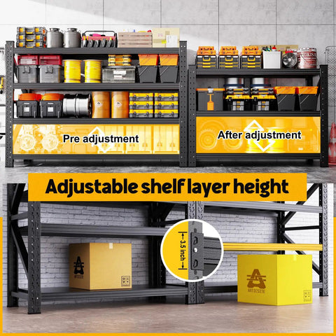 Built Tough Four Tier Metal Storage Shelves Featuring Massive 5000 LB Load Limit And Adjustable Design for garage organization pre and post adjustment.