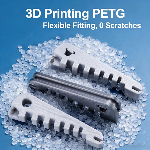 3D printed PETG eyeglass frame repair tool with flexible fitting, shown amidst PETG pellets for Beginner Friendly Eyeglass Frame Repair Tool For Bent Temples And Nose Pads, Quick Fix Kit For Any Setting, Easy To Use Frame Adjust Tool That Gets Your Glasses Sitting Comfy And Fit Perfectly On Everyday Pairs.