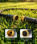 Heavy Duty Thickened Flat Soaker Hose 100Ft With Copper Joint, aluminum seal, in grass, showing metal joints and gasket