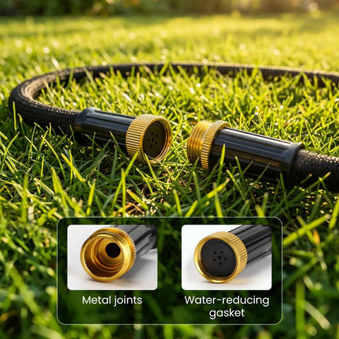 Heavy Duty Thickened Flat Soaker Hose 100Ft With Copper Joint, aluminum seal, in grass, showing metal joints and gasket