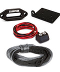 Rugged 3500 Pound ATV And UTV Synthetic Rope Winch Kit with hawse fairlead, mounting plate, wiring, and synthetic rope.