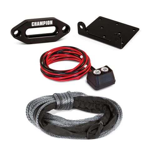 Rugged 3500 Pound ATV And UTV Synthetic Rope Winch Kit with hawse fairlead, mounting plate, wiring, and synthetic rope.