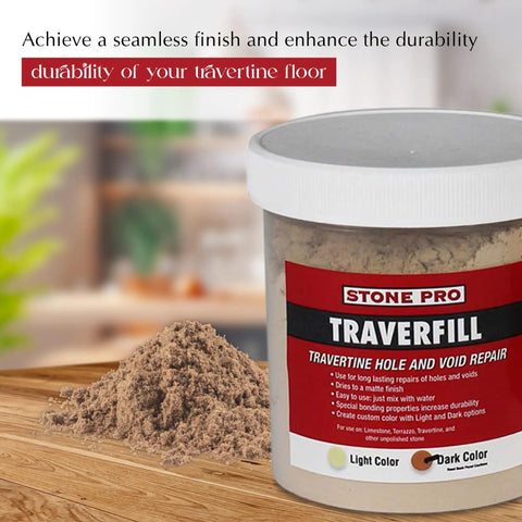 Traverfill Dark Travertine Hole And Void Repair Patch Compound 1 Pound Quick Set DIY Friendly with product label and compound powder