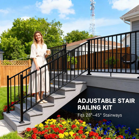 Modular Adjustable Aluminum Stair Railing Kit For Outdoor Deck Or Porch, Cuttable Length, Easy DIY Install, Fits 28 To 45 Degree Stairs, Full Textured Matte Black Finish, Includes 1 Post And 1 Panel
