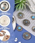 Badass Vintage Turquoise Screw Back Concho Kit For Leather Work And Fabric Sewing 22 Assorted Styles Quality Alloy Rivets with detailed turquoise designs.