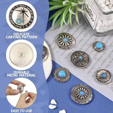 Badass Vintage Turquoise Screw Back Concho Kit For Leather Work And Fabric Sewing 22 Assorted Styles Quality Alloy Rivets with detailed turquoise designs.