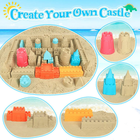 Packable Beach Toys For Kids And Tots 22 Piece Sand Set with castle and sea animal molds on beach sand