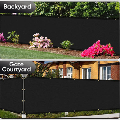 Backyard and gate courtyard with Privacy Screen Fence Mesh 5ft by 50ft Black Heavy Duty Outdoor Covering installed