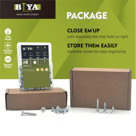 Packaging of Self Tapping Wood Screws Set 120 Pieces No 8 White Flat Head Assortment For Wood Cabinets And Furniture.