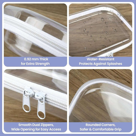 Total Game Changer Clear Hard Shell Travel Organizer Six Pack With Heavy Duty Zipper Seal For Toiletries Cosmetics Tech Cables And Daily Essentials, showing zippers, thickness, water resistance details.