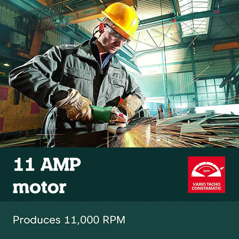 Worker using German Engineered 4 And 1 Half Inch To 5 Inch Angle Grinder With 11 Amp Power 11,000 RPM Non Locking Paddle Switch WP 11-125 Quick Made In Germany Model 603624420 Green