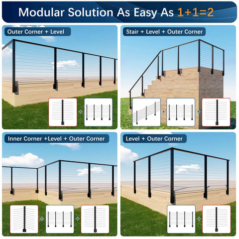 Rock Solid Black Stainless Steel Outer Corner Cable Railing Post For 36 Inch Exterior Deck Systems T304 Metal with stair and level setup.