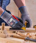 MicroFoam Nitrile Coated Safety Work Gloves With 3D Seamless Knit Nylon Grippy worn during woodworking with tools