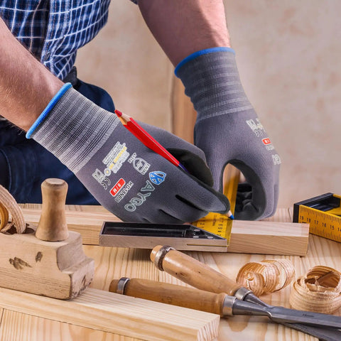 MicroFoam Nitrile Coated Safety Work Gloves With 3D Seamless Knit Nylon Grippy worn during woodworking with tools
