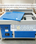 Heavy Duty Industrial Dust Collector Workbench With Side Suction Floor, 4 Horsepower Motor Kicks Welding Dust And Smoke Like A Champ, Comes Packed With Two Polyester Filters And Auto Clean Cycling with blue grill surface.