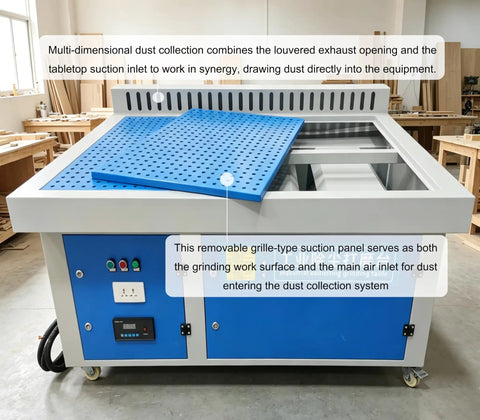Heavy Duty Industrial Dust Collector Workbench With Side Suction Floor, 4 Horsepower Motor Kicks Welding Dust And Smoke Like A Champ, Comes Packed With Two Polyester Filters And Auto Clean Cycling with blue grill surface.