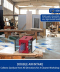 Heavy Duty Portable Two Stage Tabletop Dust Collector And Shop Air Filtration System Featuring Badass Vortex Fan at workbench in workshop.