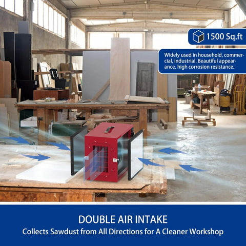 Heavy Duty Portable Two Stage Tabletop Dust Collector And Shop Air Filtration System Featuring Badass Vortex Fan at workbench in workshop.