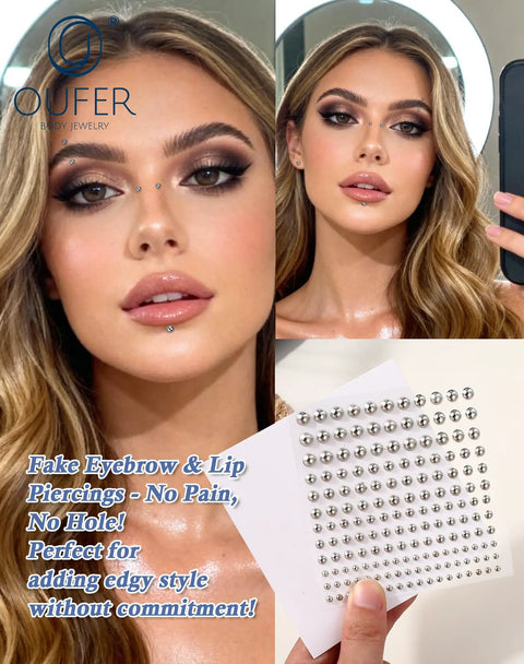 Stick On Acrylic Fake Piercings Kit With Lip Studs, Eyebrow And Nose Piercing, Non Piercing Face Jewelry on model and sheets