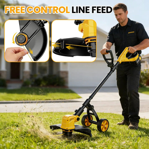 Man using Cordless String Trimmer With Wheels, 14-Inch Cut, Dual 21V 3.0Ah Batteries, 750W Electric Weed Eater for lawn care