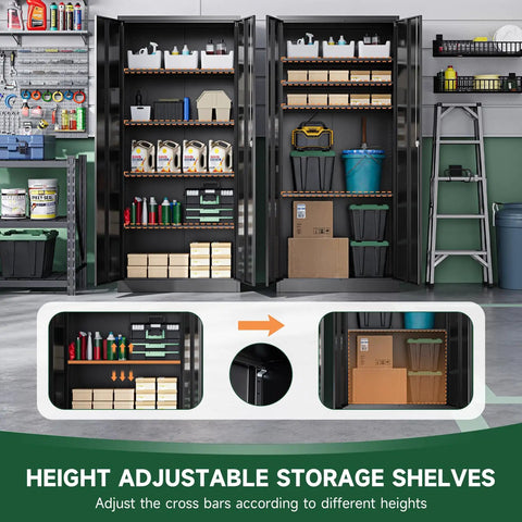 Heavy Duty Metal Garage Storage Cabinet With Locking Doors And Adjustable Shelves, 71 Inch High, 32 Inch Wide, 16 Inch Deep, Steel Tool Cabinet For Home Office Or Warehouse, Powder Coated Rust Resistant with visible contents like tools and supplies