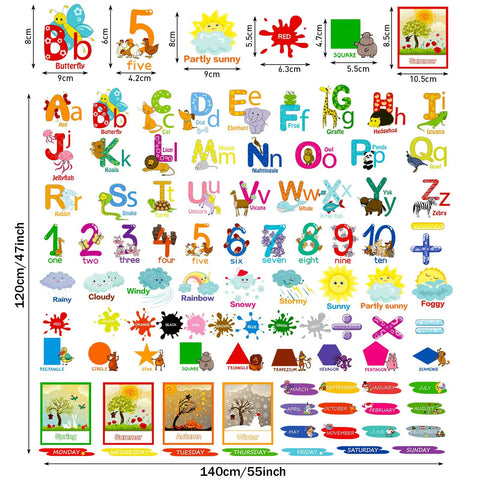 9 Sheets Animal Alphabet Wall Decals With Educational Numbers Colors Weather Shapes Seasons Months And Weeks Peel And Removable Learning Stickers For Toddlers Totally Kid Friendly Classrooms Nurseries And Bedrooms displaying letters, numbers, colors, weather icons, and shapes
