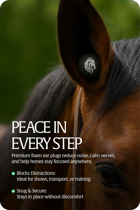 Noise Blocking Horse Ear Plugs For Shows And Training Soft PU Foam Reusable Ear Buds For Horses in ear of a brown horse