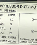 Front view of Amazon compressor-duty motor nameplate: 5 HP, 3450 RPM, 230V, model 56S34D5M, 56 frame.