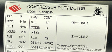 Front view of Amazon compressor-duty motor nameplate: 5 HP, 3450 RPM, 230V, model 56S34D5M, 56 frame.