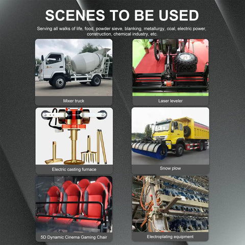 Collage of industrial equipment including mixer truck, laser leveler, and electric casting furnace used in various industries.