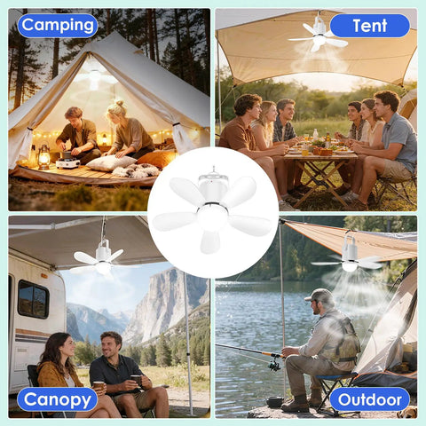 Collage of Battery Operated 21 Inch Ceiling Fan Light With Remote For Outdoor Use in camping, tent, canopy, and fishing scenes.