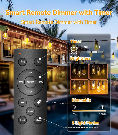 Outdoor String Lights 50 Ft Waterproof Patio Led With 15 S14 Edison Bulbs Remote Dimmable features and remote control