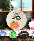 Front view of a round 18x18 inch unfinished plywood board for crafts; smooth natural wood surface