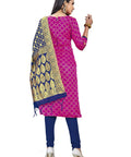 Woman wearing Pink Banarasi Silk Dress Material Set For Women With Navy Bottom And Navy Dupatta Unstitched Top 2m, festive look