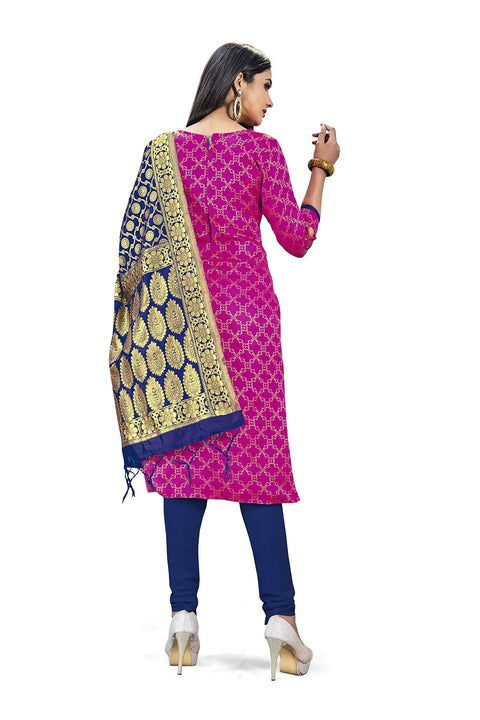 Woman wearing Pink Banarasi Silk Dress Material Set For Women With Navy Bottom And Navy Dupatta Unstitched Top 2m, festive look