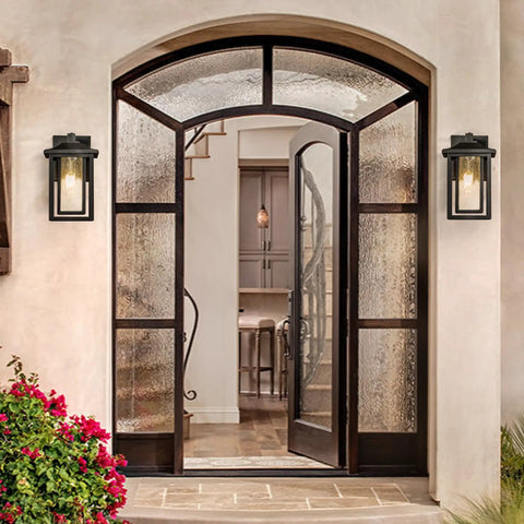 Entrance with Black Exterior Wall Light With Dusk To Dawn Sensor And Seeded Glass For Front Porch Patio Or Garden, 1 Light Outdoor Fixture