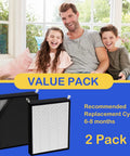 Two Pack True HEPA And Activated Carbon Replacement Filters For Big Area Smart Air Purifier Models 47001 47002 47003 47004 47005 47006 With HEPA Pre Filter displayed on a blue background with family smiling in the background.