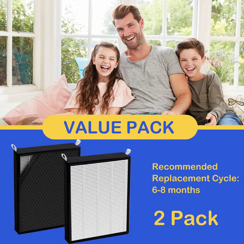 Two Pack True HEPA And Activated Carbon Replacement Filters For Big Area Smart Air Purifier Models 47001 47002 47003 47004 47005 47006 With HEPA Pre Filter displayed on a blue background with family smiling in the background.