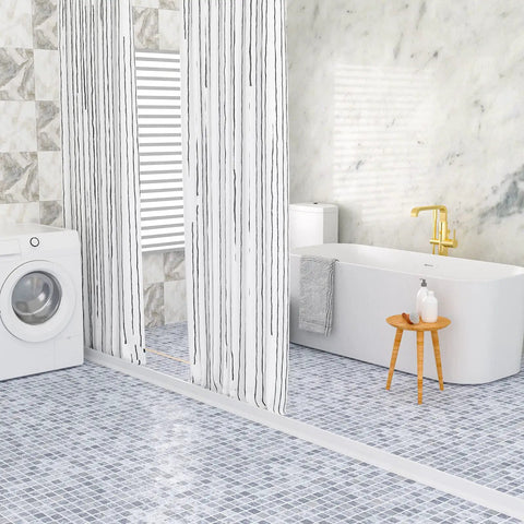 Heavy Duty 3 Inch Rise Shower Threshold Water Dam Adhesive Leak Blocker Guards Bathrooms Slaps Down For Quick Fixes Keeps Floors Bone Dry Peels And Sticks 74 Inch Long White Vinyl in a modern bathroom with gray and white tiles.
